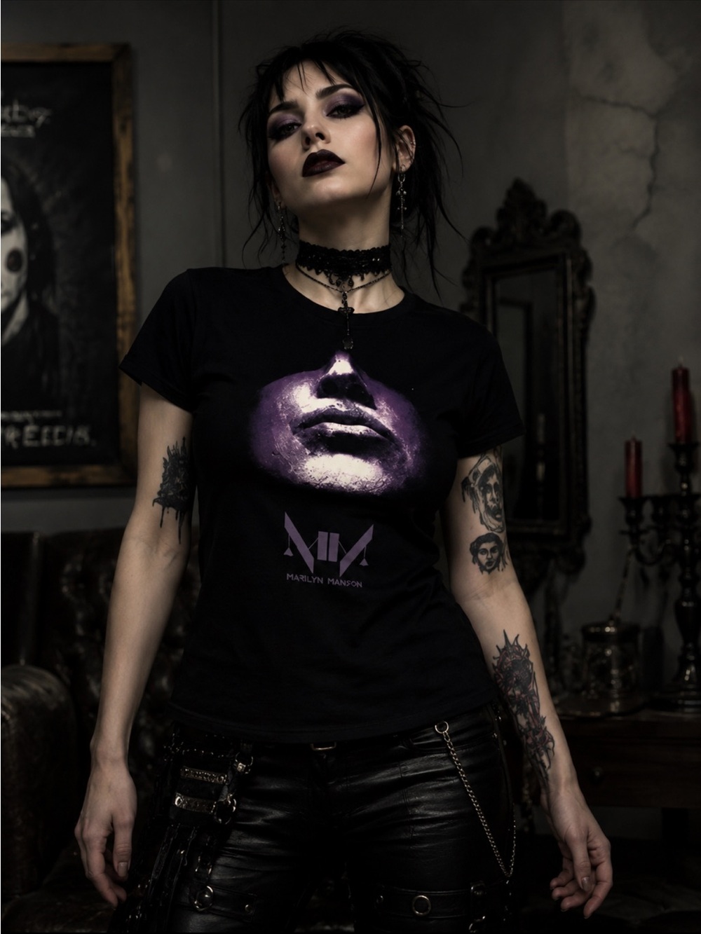 Marilyn Manson Tultex Black Short-Sleeve Tee with Purple Face